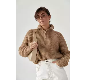 Женский вязаный свитер oversize с воротником на молнии - светло-коричневый цвет, L (есть размеры)