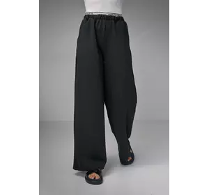 Трикотажные женские брюки с двойным поясом - черный цвет, M (есть размеры)
