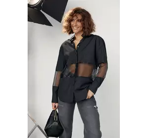 Удлиненная женская рубашка с прозрачными вставками - черный цвет, M (есть размеры)