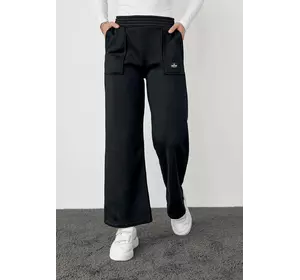 Трикотажные штаны на флисе с накладными карманами - черный цвет, M (есть размеры)