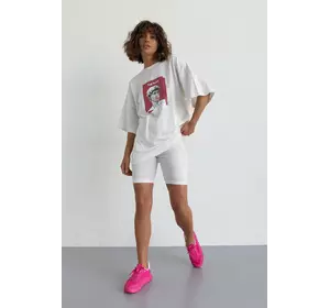 Женский костюм с футболкой oversize и велосипедками - молочный цвет, M (есть размеры)