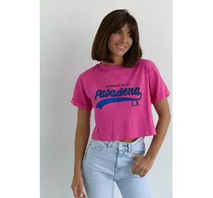 Укороченная футболка с надписью Pasadena - фуксия цвет, L (есть размеры)