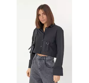 Укороченная женская рубашка с накладным карманом - черный цвет, S (есть размеры)