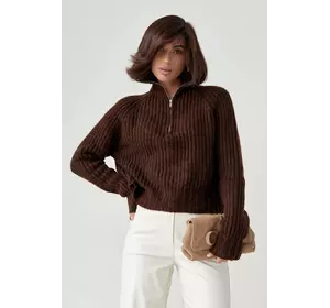 Женский вязаный свитер oversize с воротником на молнии - коричневый цвет, L (есть размеры)