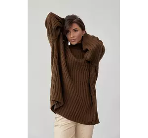 Женский вязаный свитер oversize в рубчик - темно-коричневый цвет, L (есть размеры)