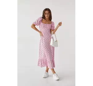 Длинное цветочное платье с оборкой hot fashion - розовый цвет, M (есть размеры)