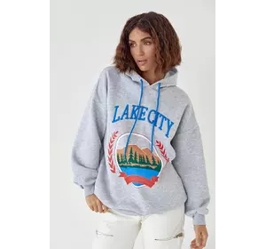 Утепленное худи с принтом и надписью Lake city - светло-серый цвет, L (есть размеры)