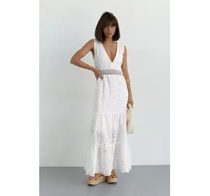 Длинное платье из прошвы и кружевом на талии - белый цвет, 36р (есть размеры)