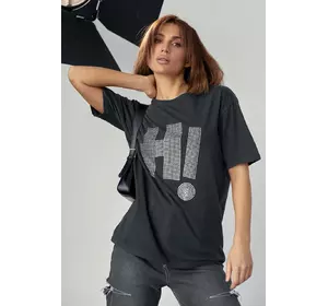 Трикотажная футболка с надписью Hi из термостраз - темно-серый цвет, S (есть размеры)