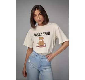 Хлопковая футболка с принтом медвежонка - бежевый цвет, L (есть размеры)