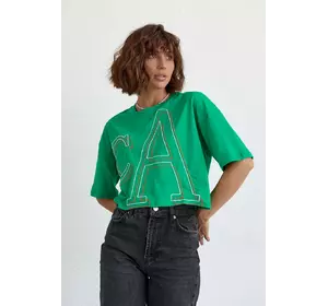 Укороченная женская футболка с вышитыми буквами - зеленый цвет, L/XL (есть размеры)