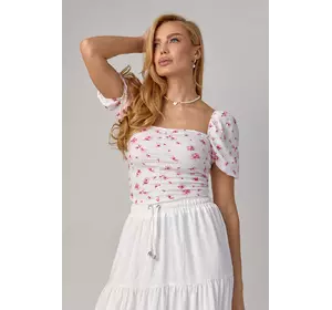 Короткая блуза-топ в цветочек - белый с розовым цвет, M (есть размеры)