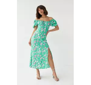 Летнее цветочное платье миди с кулиской на груди - зеленый цвет, S (есть размеры)