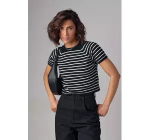 Укороченная женская футболка в полоску - черный цвет, L (есть размеры)