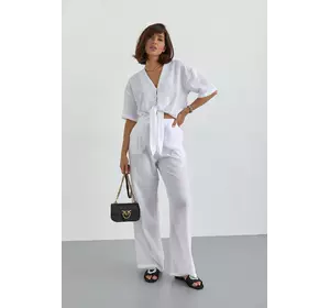 Женский летний костюм с брюками и блузкой на завязках - белый цвет, L (есть размеры)